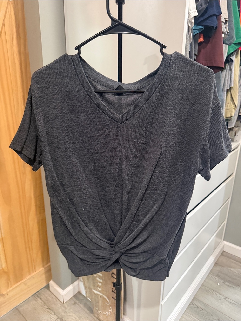 SHEIN Charcoal Twist-Front V-Neck Short Sleeve Top